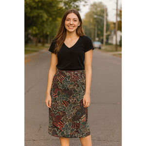 VTG Niki Lee California Denim Maxi Skirt Tribal Abstract Art Print USA 30 X 35